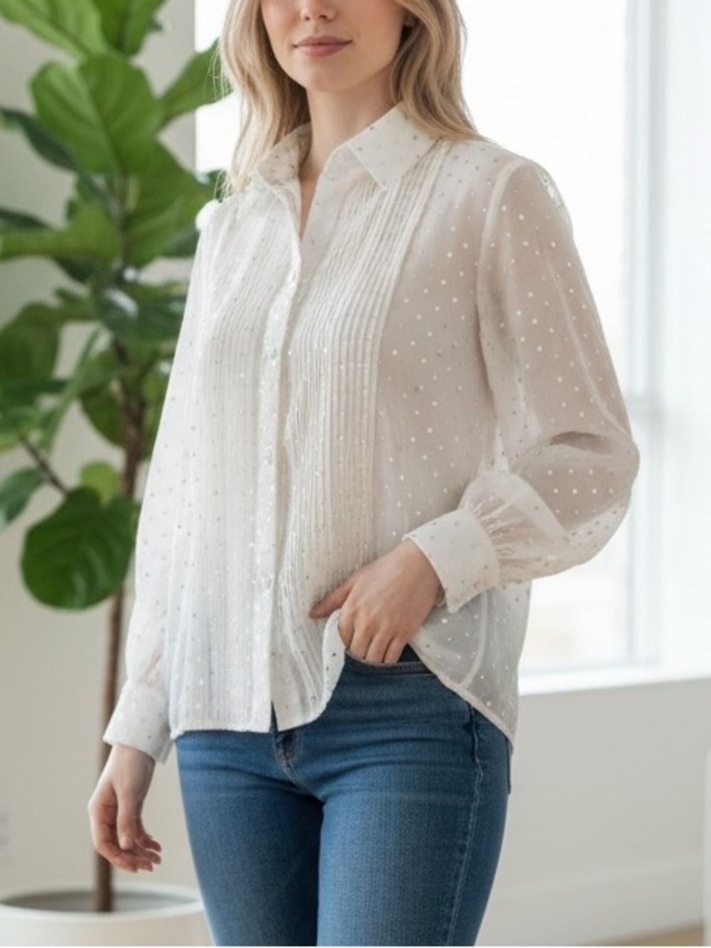 ZARA Cream Gold Polka Dot Pleated Blouse Shirt